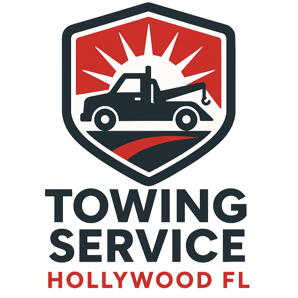 24/7 towing service in Hollywood Florida logo featuring tow truck emblem for fast roadside assistance and professional towing