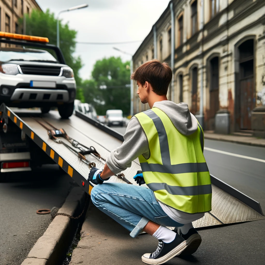 Tow truck operator securing vehicle straps for safe transport with Towing Hollywood Florida services