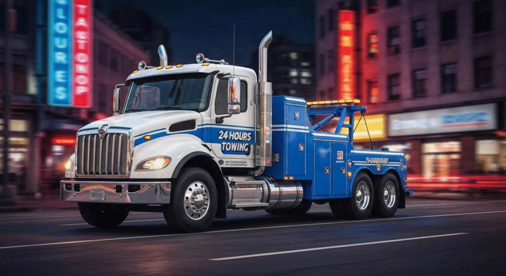 Tow truck providing 24-hour towing in Hollywood Florida at night
