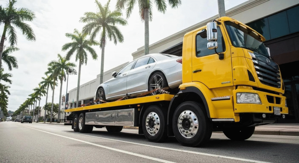 Flatbed tow truck safely transporting a car in Hollywood Florida