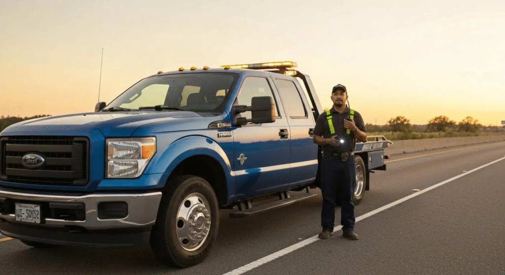 Emergency towing operator loading a damaged vehicle in Hollywood Florida