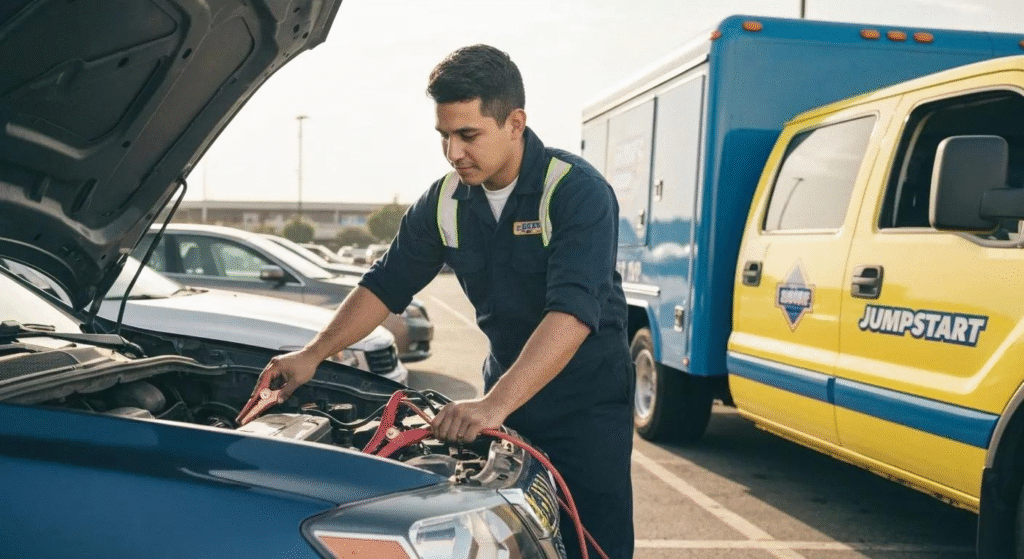 Tow truck operator jumpstarting a car battery in Hollywood Florida