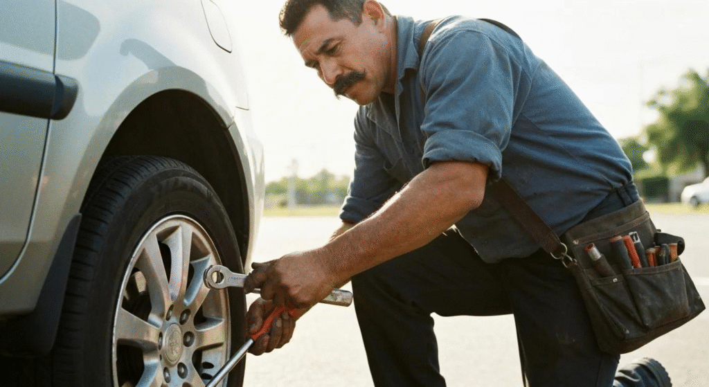 Driver getting flat tire assistance from tow truck operator in Hollywood Florida
