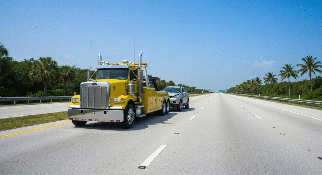 Tow truck transporting a car for long distance towing near Hollywood Florida