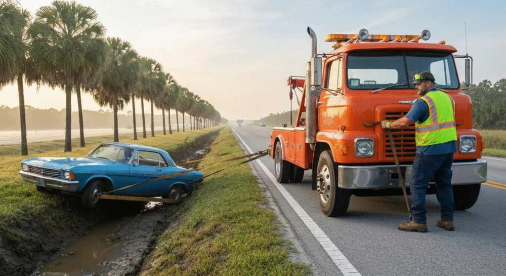 Recovery services with heavy duty tow truck transporting trailer safely in Hollywood Florida.