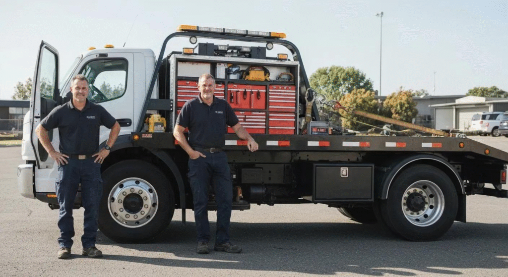 Professional emergency towing team with tow truck in Hollywood Florida.