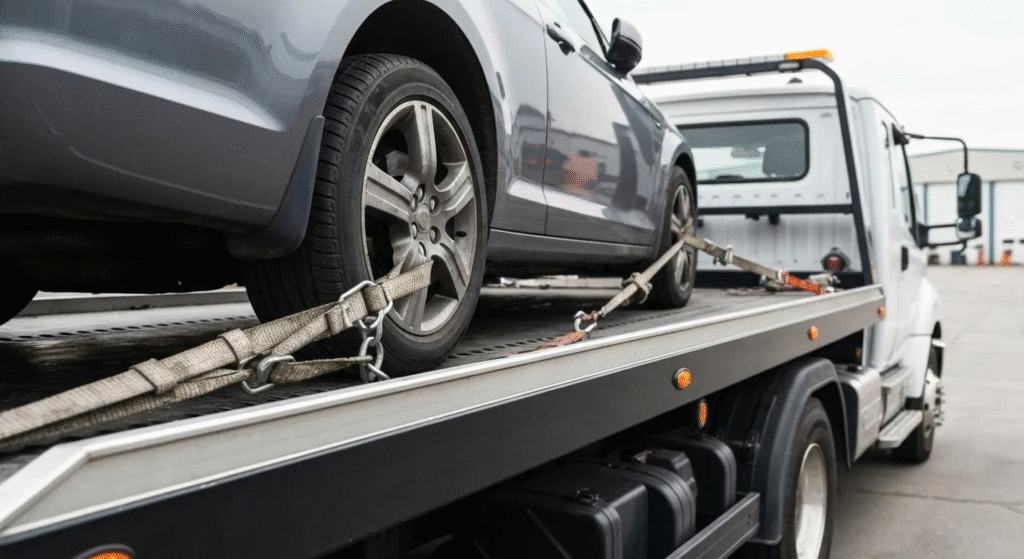 Vehicle secured with heavy-duty straps on a flatbed tow truck for safe transport.