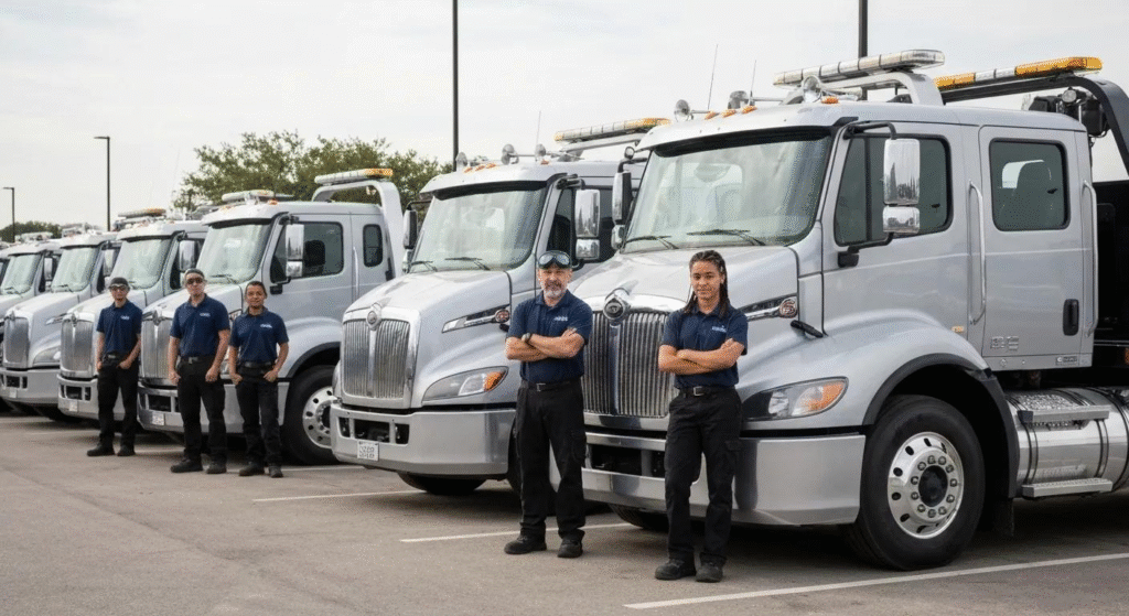 Professional flatbed tow truck fleet in Hollywood Florida with expert drivers.