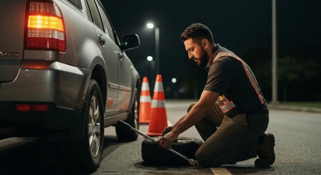 Tow truck operator changing a flat tire at night in Hollywood Florida, using professional tools beside the tow truck.