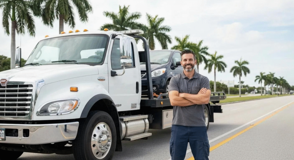 Professional tow truck driver standing beside a secured vehicle on a flatbed tow truck in Hollywood, Florida, showcasing reliable towing services.