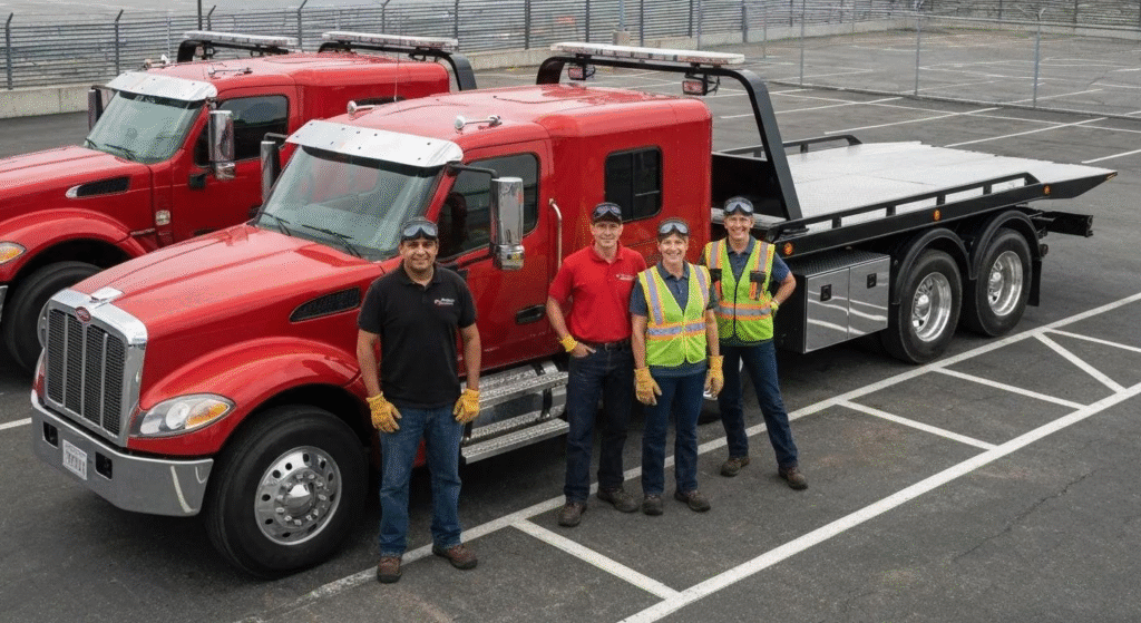 Professional towing team in Hollywood FL standing in front of tow trucks with uniforms and safety gear