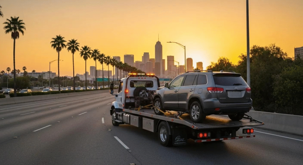 Tow truck hauling an SUV on the highway at sunset in Hollywood, FL for long distance towing service.