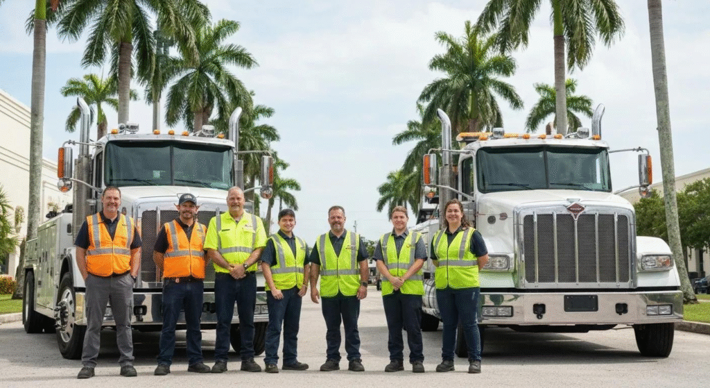 Professional towing team in Hollywood FL standing in front of tow trucks ready for long distance towing services.