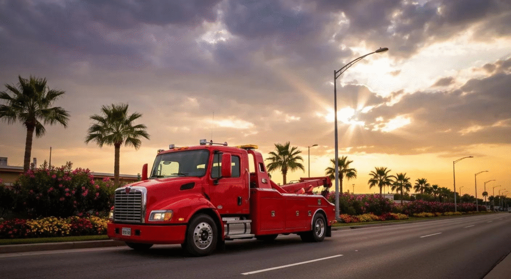 Tow truck in Hollywood FL providing 24-hour towing, flat tire change, jumpstart, flatbed towing, emergency towing, and long distance towing services.